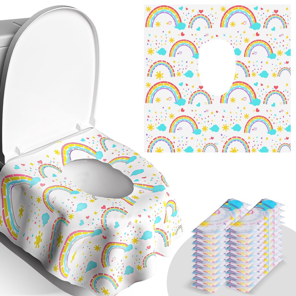 20 Pack Disposable Toilet Seat Covers - Extra Large, Waterproof - Toddler Potty Training, Portable Potty Covers for Kids & Adults, Kids Travel Essentials for Airplane, Trip (Rainbow)
