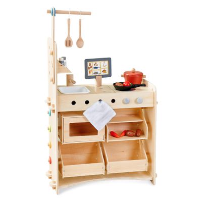 HABA 3 in 1 Wooden Kids Play Kitchen, Kids Grocery Store Playset & Toddler Tool Bench, Wooden Toys Convertible Pretend Play Set with 150+ Accessories - Ages 3+