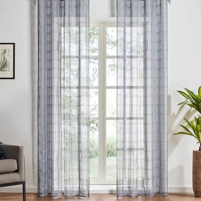 HooHero Grey 100 Width Elegant Sheer Curtains Voile Curtain Living Room Home Decoration Rustic Grid Tulle