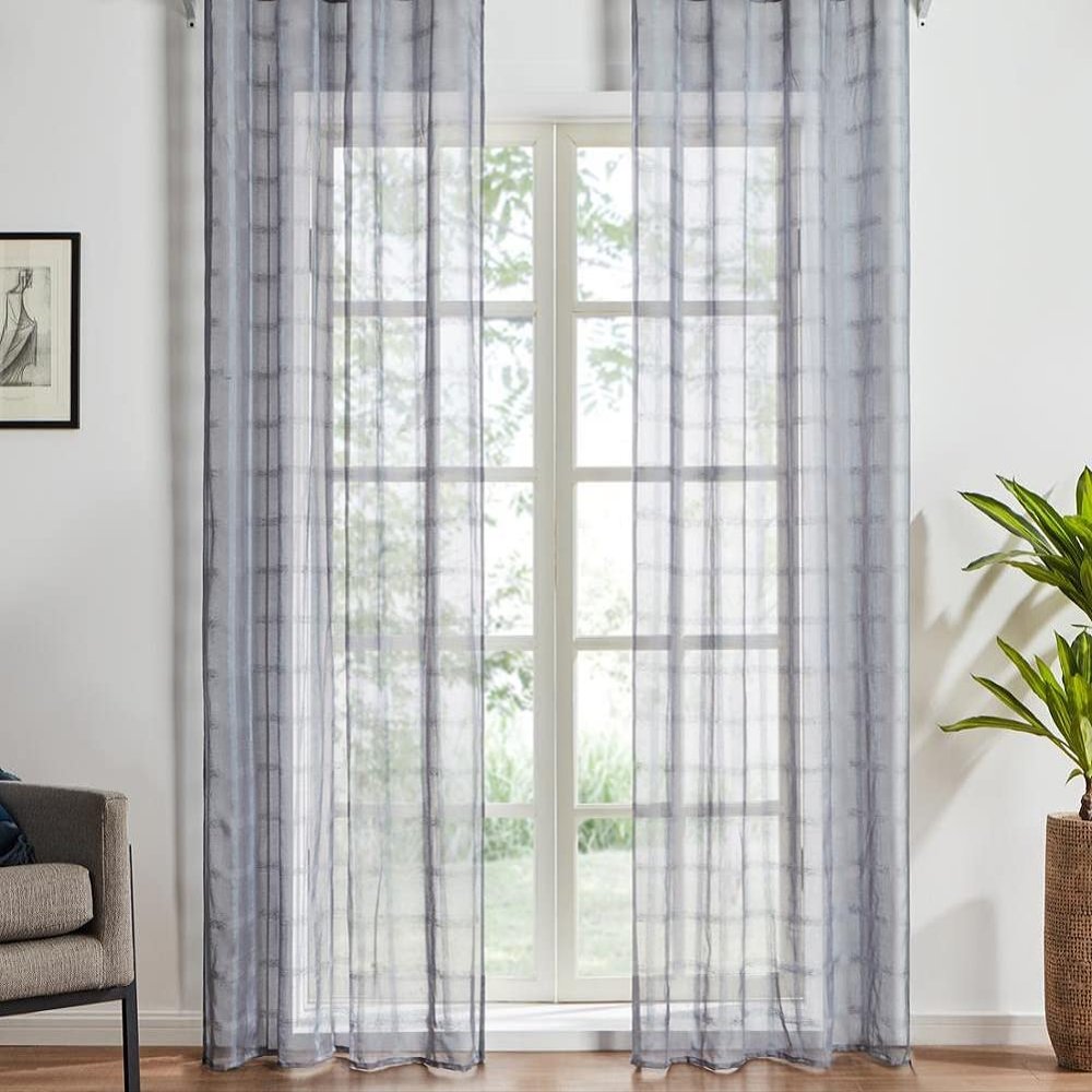HooHero Grey 100 Width Elegant Sheer Curtains Voile Curtain Living Room Home Decoration Rustic Grid Tulle