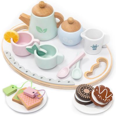 UMU Wooden Tea Set for Kids Pretend Play Tea Party Toy with Colorful Cups, Tea Bags, Lemon Slices & More Montessori Role Play Toy for Ages 3 4 5 6