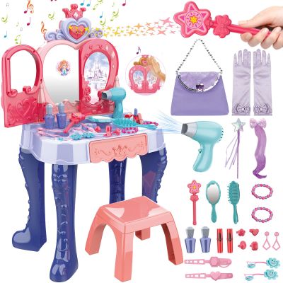 deAO Toddler Vanity Makeup Table Toy with Mirror & Chair,Kids Vanity Playset with Lights,Pretend Play Makeup Toy with Hair Dryer Toy,Toddler Beauty Salon Set,Princess Dress Up Playset
