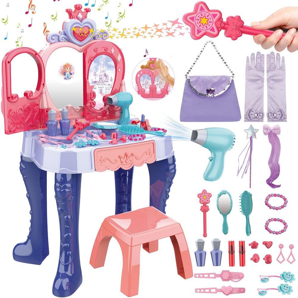 deAO Toddler Vanity Makeup Table Toy with Mirror & Chair,Kids Vanity Playset with Lights,Pretend Play Makeup Toy with Hair Dryer Toy,Toddler Beauty Salon Set,Princess Dress Up Playset