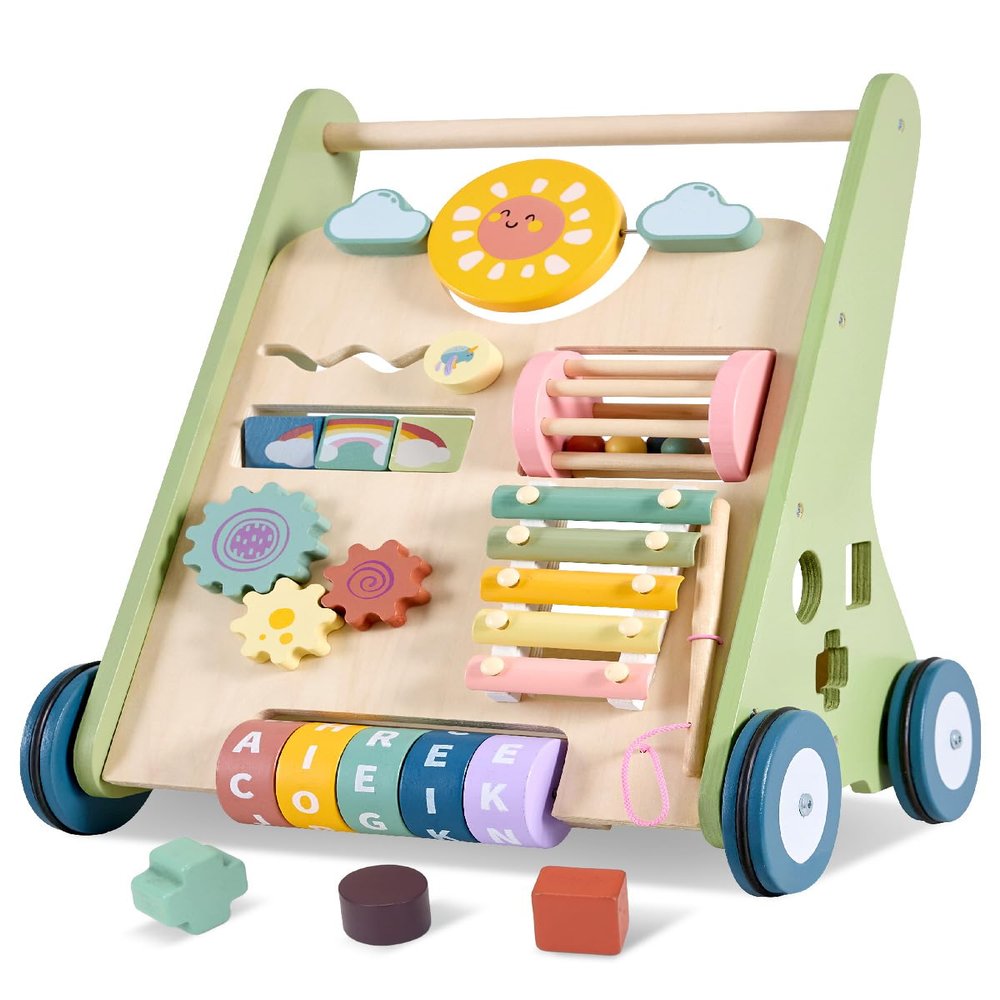 Baby Push Walker, Wooden Baby Walker with Wheels, Montessori Push Walker for Babies 10-12 Months, Adjustable Speed Push Walking Toys for Boys&Girls 1 Year Old, Christmas Birthday Gifts for Toddler