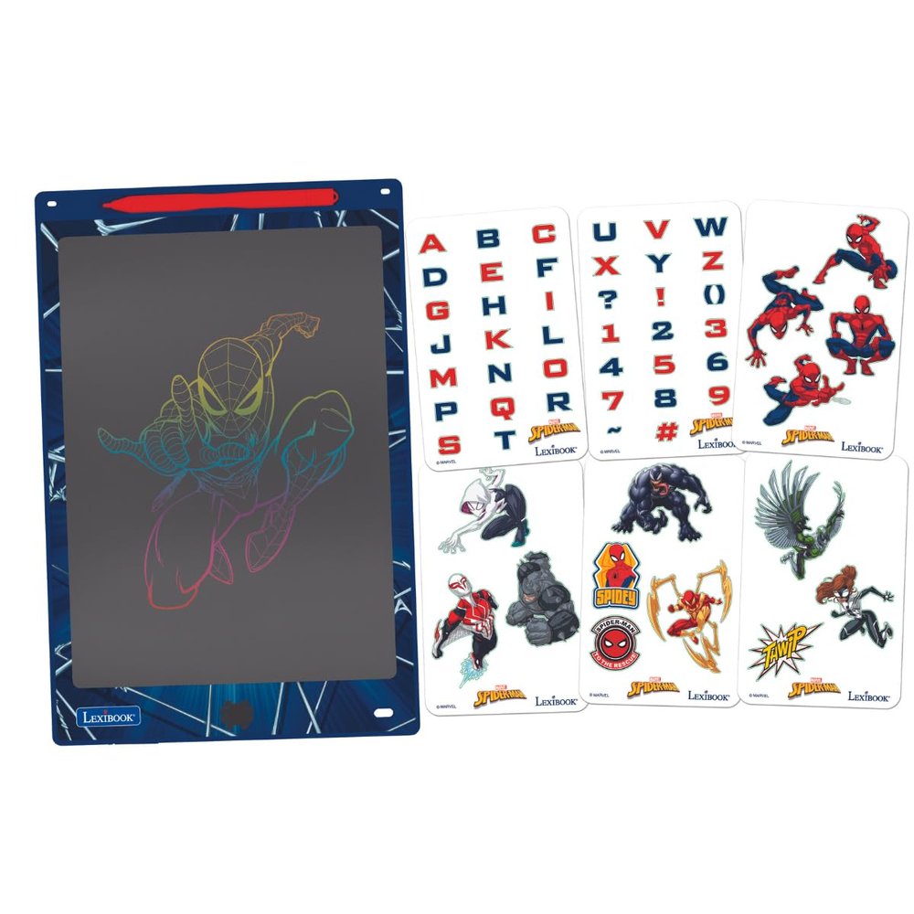 LEXiBOOK, Spider-Man, Magic Slate, Artistic and Creative Toy for Girls and Boys, Multicoloured Drawings, 11" Screen, Includes 1 Stylus and 6 Stencils, Blue, CRT10SP