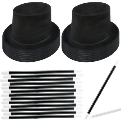 Skyebed 14 Pcs Plastic Top Hats with 14 Pcs Magician Wand Top Black Magician Hats for Men Women Halloween Cosplay Party Supplies, Fluff Black Set