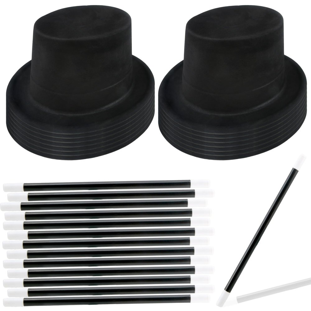 Skyebed 14 Pcs Plastic Top Hats with 14 Pcs Magician Wand Top Black Magician Hats for Men Women Halloween Cosplay Party Supplies, Fluff Black Set
