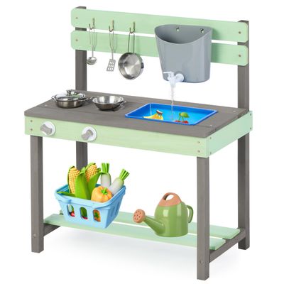 Wooden Kids Play Kitchen, Outdoor Mud Kitchen Playset with Water Play Set and Cooking Toys, Gift for 3+ Years Kid