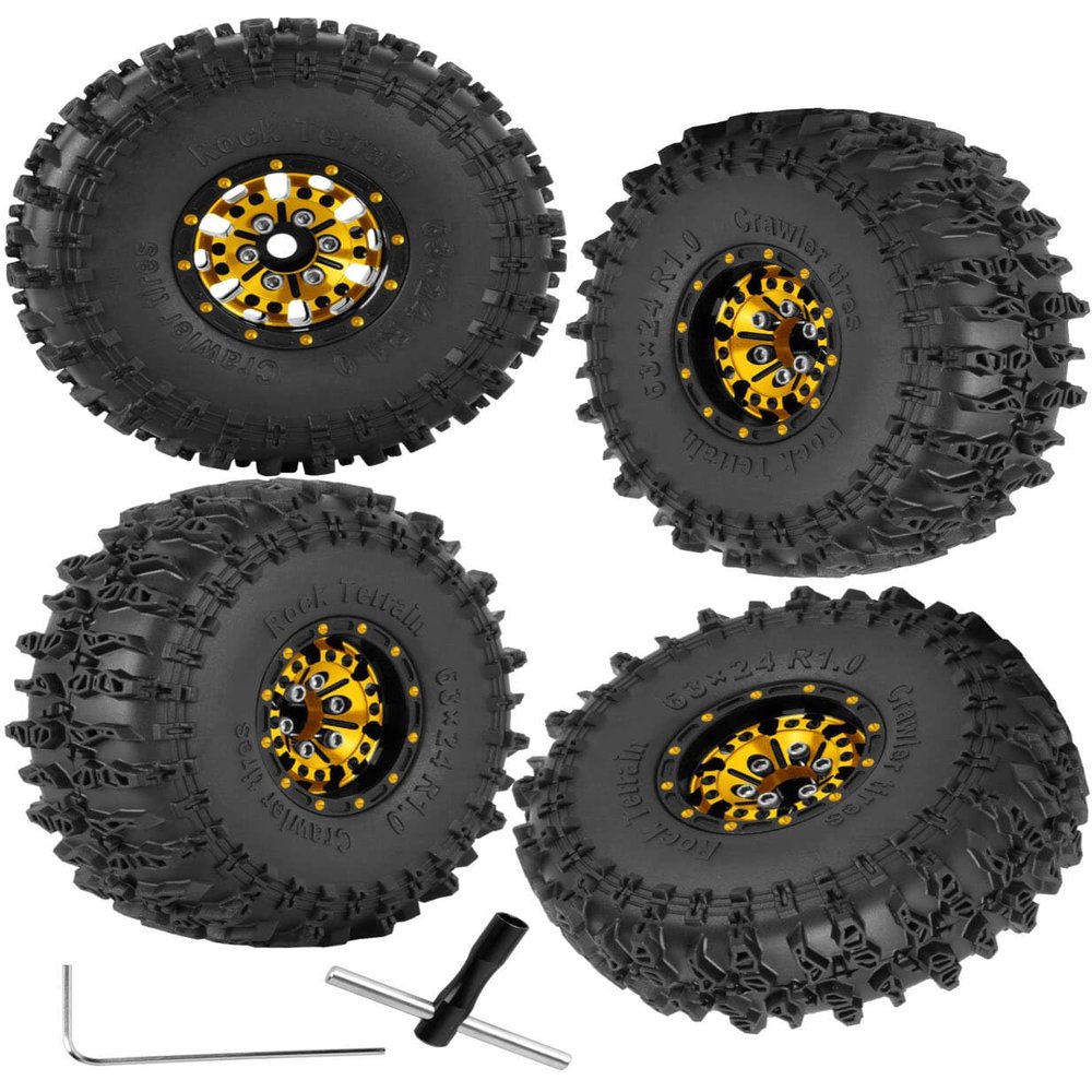 RCMYou RC Aluminum 1.0 Inch Wheel Rim Tires for 1/18 1/24 Trx4m SCX24 RC Crawler Car,4pcs 1.0 Wheel Rim Soft Rubber Tires,Gold