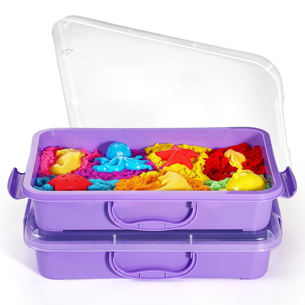 2 Pcs Sand Tray Sensory Bin with Lid and Handle, Portable Sensory Sandbox Container for Kids, Plastic Activity Tray for Toddlers (Purple)