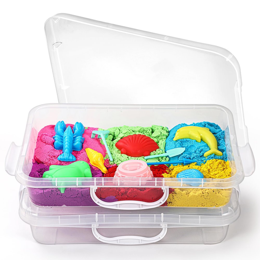 2 Pcs Sand Tray Sensory Bin with Lid and Handle, Portable Sensory Sandbox Container for Kids, Plastic Activity Tray for Toddlers (Transparent)