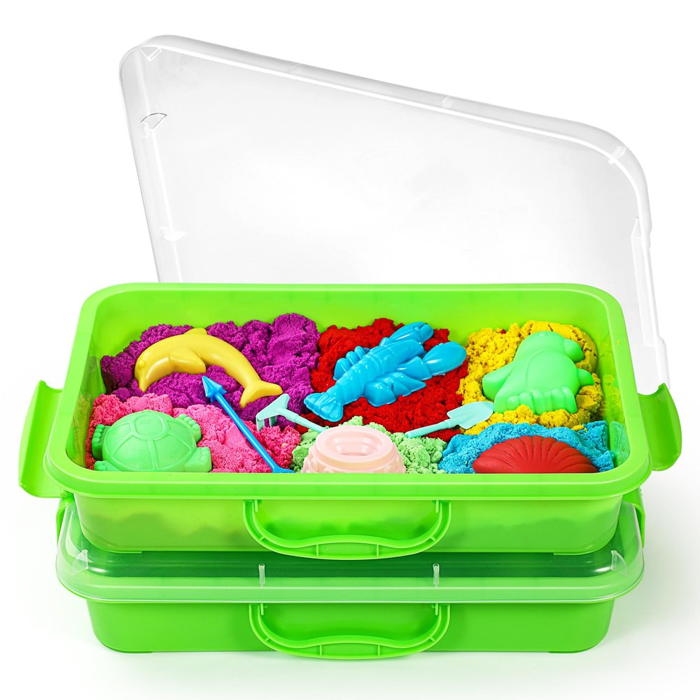 2 Pcs Sand Tray Sensory Bin with Lid and Handle, Portable Sensory Sandbox Container for Kids, Plastic Activity Tray for Toddlers (Green)