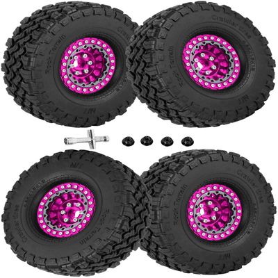 RcarmubWow RC 1.9 Beadlock Wheels and Tires for 1/10 SCX10 TRX4 TRX6 VS4-10 Gen8 7 MST CFX D90 RC Crawler,Alloy Aluminium 1.9 rc Wheels 1.9 rc Rims w/ 1.9 Beadlock Tires Trunk Tires,Pink &Titanium