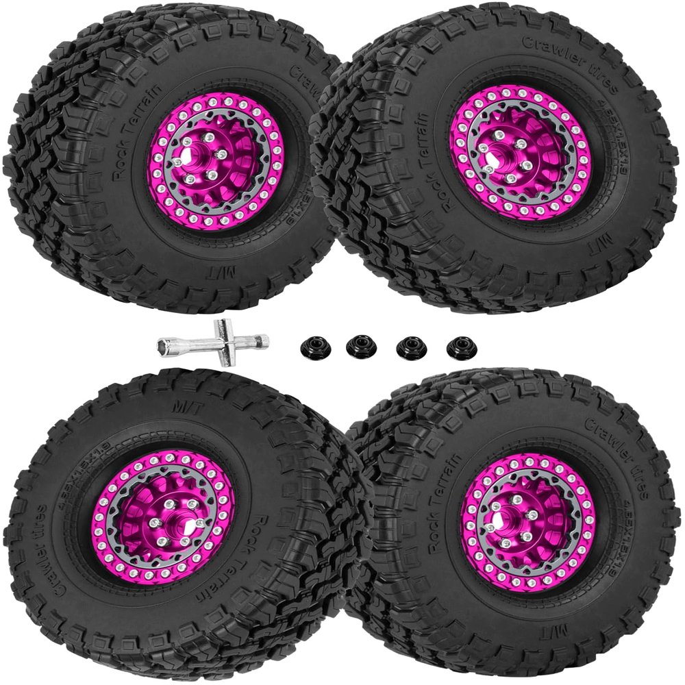 RcarmubWow RC 1.9 Beadlock Wheels and Tires for 1/10 SCX10 TRX4 TRX6 VS4-10 Gen8 7 MST CFX D90 RC Crawler,Alloy Aluminium 1.9 rc Wheels 1.9 rc Rims w/ 1.9 Beadlock Tires Trunk Tires,Pink &Titanium