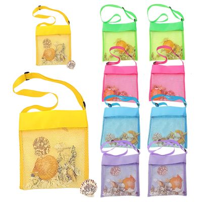Mesh Beach Bag for Sand Toys 10Pcs Colorful Beach Bag for Kids Collecting Seashell Bag with Adjustable Carrying Straps, Beach Accessories
