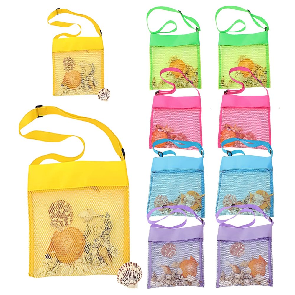 Mesh Beach Bag for Sand Toys 10Pcs Colorful Beach Bag for Kids Collecting Seashell Bag with Adjustable Carrying Straps, Beach Accessories
