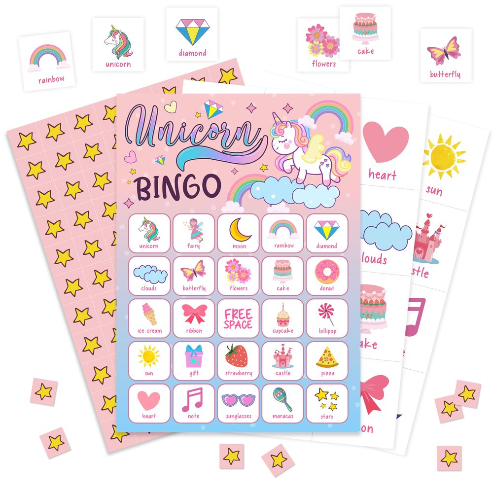 HMJKL Unicorn Bingo Game, Magical Unicorn Bingo Cards Set, Rainbow Birthday Party Bingo Supplies for Adults, Family Friends Activities Favors Decorations for 24 Player, 01