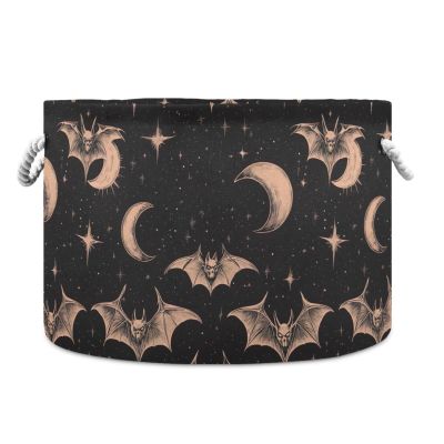 KJIZMO Magic Bat Large Round Storage Basket with Handle, Collapsible Decorative Laundry Baskets for Blanket, Cotton Rope Organizer Towels Nursery Hamper Bin, 20" x 14"