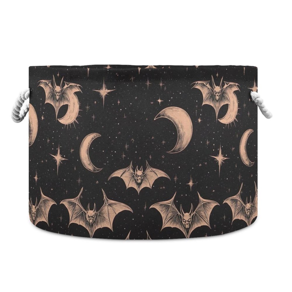 KJIZMO Magic Bat Large Round Storage Basket with Handle, Collapsible Decorative Laundry Baskets for Blanket, Cotton Rope Organizer Towels Nursery Hamper Bin, 20" x 14"