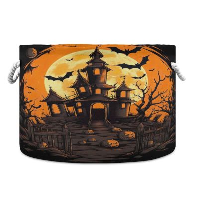 KJIZMO Halloween Castle Large Round Storage Basket with Handle, Collapsible Decorative Laundry Baskets for Blanket, Cotton Rope Organizer Towels Nursery Hamper Bin, 20" x 14"