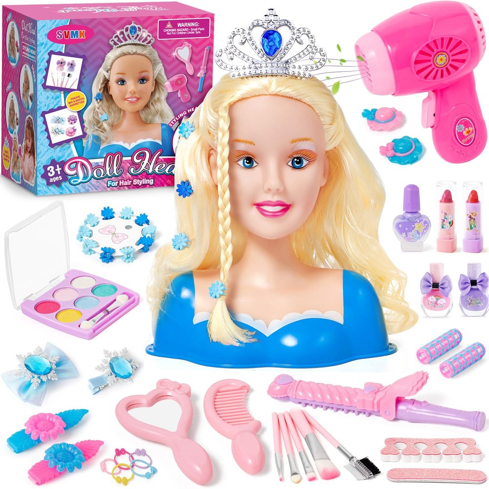 SVMK Hair Styling Doll Head Makeup for Girls Toys Kids Practice Pretend Play Beauty Set with Hairdryer Curling Iron Crown Brushes Comb Accessories Birthday Gifts for Girls 3 4 5 6+ Years Old Christmas