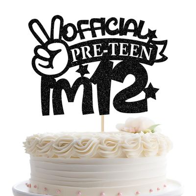 Official Pre-teen I'm 12 Cake Topper, Funny 12th Bday Decoration, 12 Pre-teen Birthday Party Decoration, Bro I'm 12, Happy 12th Birthday Cake Topper Black Glitter