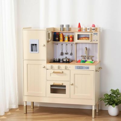 Arlopu Play Kitchen for Kids, Wooden Toy Toddler Kitchen Sets, Pretend Cooking Playset with Storage & Accessories, Realistic Light & Sound, Stove, Fridge, Microwave, Removable Sink (Beige)