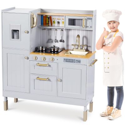 Clevich Wooden Play Kitchen for Kids, Toddler Vintage Kitchen Toy Set w/Pretend Phone, Ice Maker, Towel Rack, Height Adjustable Realistic Playset Chef w/Light & Sound (Gray)