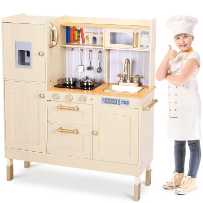 Clevich Wooden Play Kitchen for Kids, Toddler Vintage Kitchen Toy Set w/Pretend Phone, Ice Maker, Towel Rack, Height Adjustable Realistic Playset Chef w/Light & Sound (Beige)