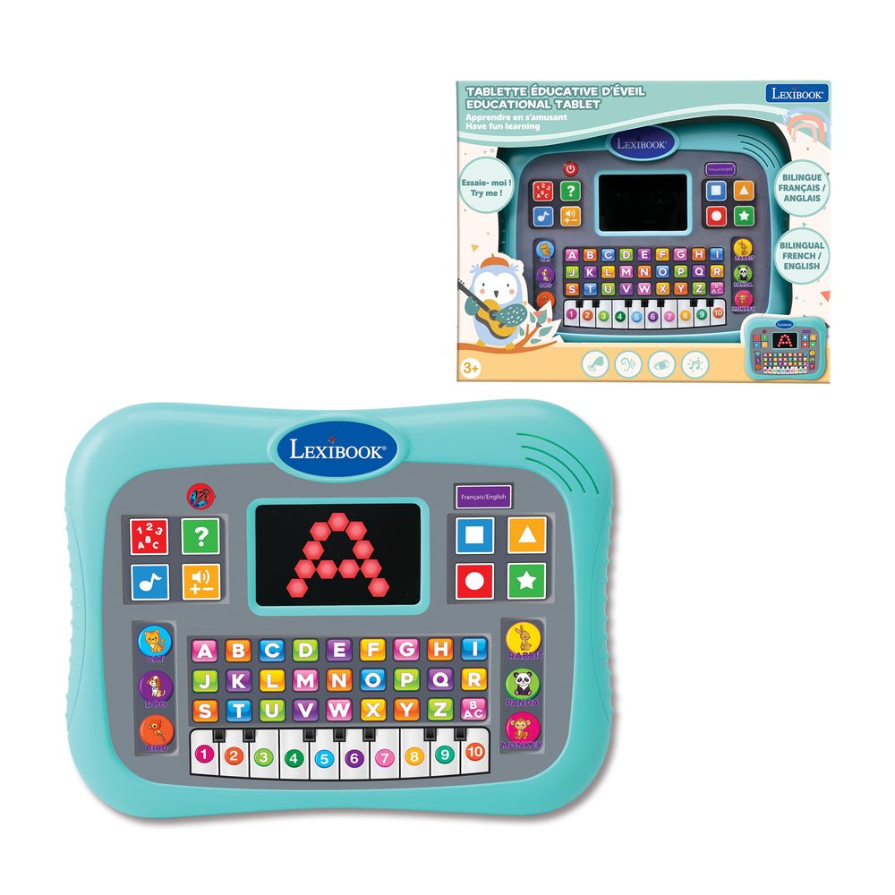 Lexibook, Learning Tablet, Bilingual French/English, Talking Tablet with Screen for Learning Alphabet, Numbers and Animals, Piano Modes, Interactive Quiz Modes, Blue, JCPAD007i1