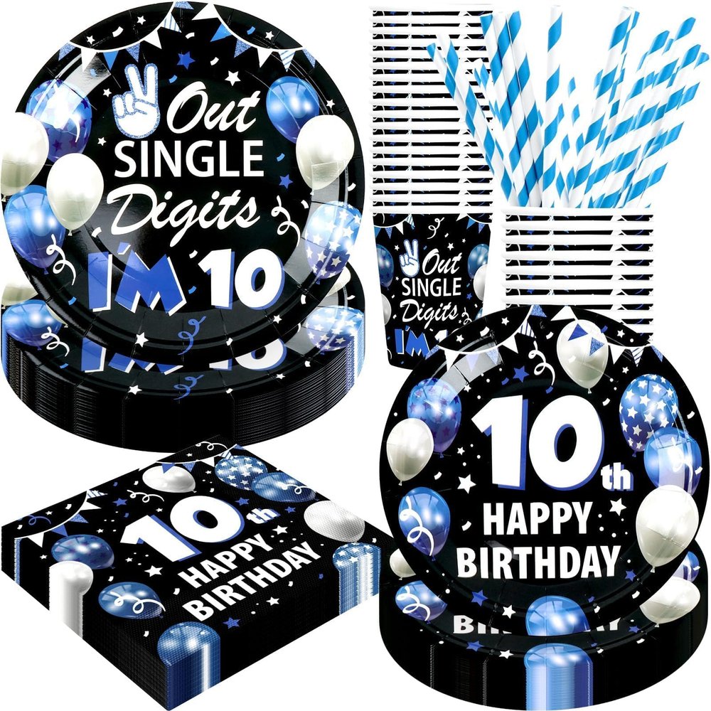 10th Birthday Decorations for Boys, 10 Year Old Boy Birthday Decorations Party Supplies, 120Pcs Double Digits Happy 10th Birthday Includes Paper Plates, Napkins, Cups and Straws | Serves 24