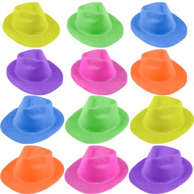 SGBETTER 24 Pcs Neon Party Hats Bulk Plastic Fedora Party Hats Glitter Party Gangster Hats for Adult Kids Happy New Year Party Supplies Photo Booth Props, 6 Colors