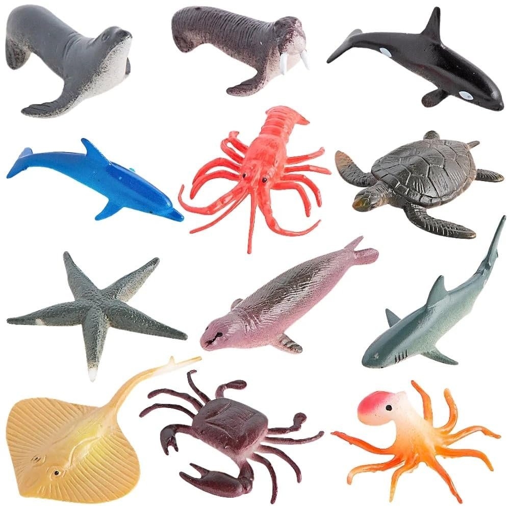 Assorted Plastic Ocean Animal Character Toys - Pack of 12 - Fun & Adorable Designs - Perfect for Party Favors, Kid's Playtime, and Themed Events