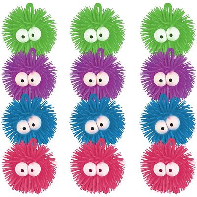Assorted Colors Vinyl Puffer Balls with Eyes (4") 12 Count - Fun & Colorful Toys - Great Party Favors for Birthdays, Themed Parties & More