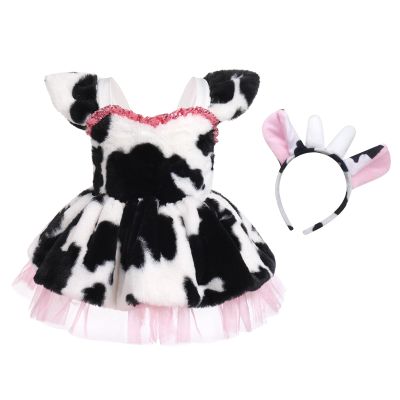 ABEWIP Baby Girls Dalmatian Cow Puppy Dog Tutu Dress Toddlers Santa Romper Dress Infants Halloween Dress up Outfit with Headband Halloween Birthday Party Dress Up for Kids Pink Cow 6-12M