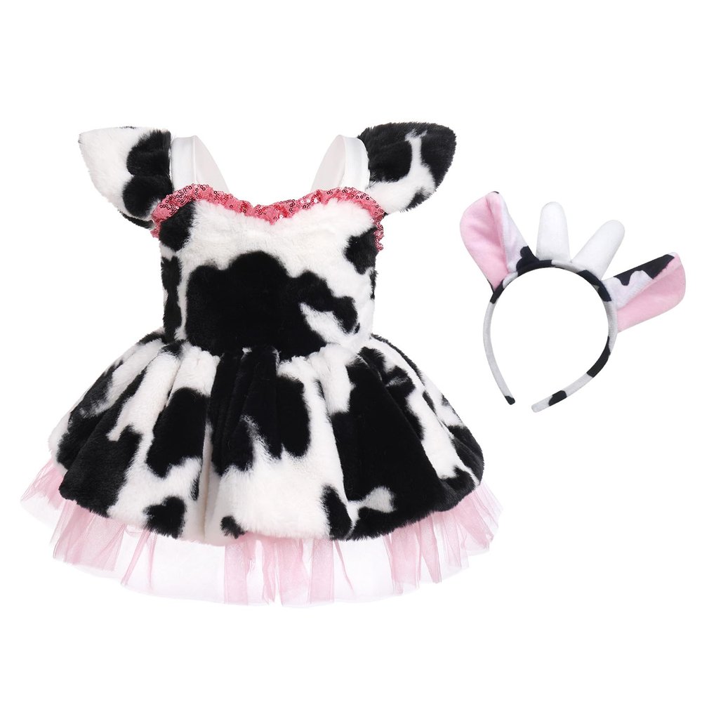 ABEWIP Baby Girls Dalmatian Cow Puppy Dog Tutu Dress Toddlers Santa Romper Dress Infants Halloween Dress up Outfit with Headband Halloween Birthday Party Dress Up for Kids Pink Cow 6-12M