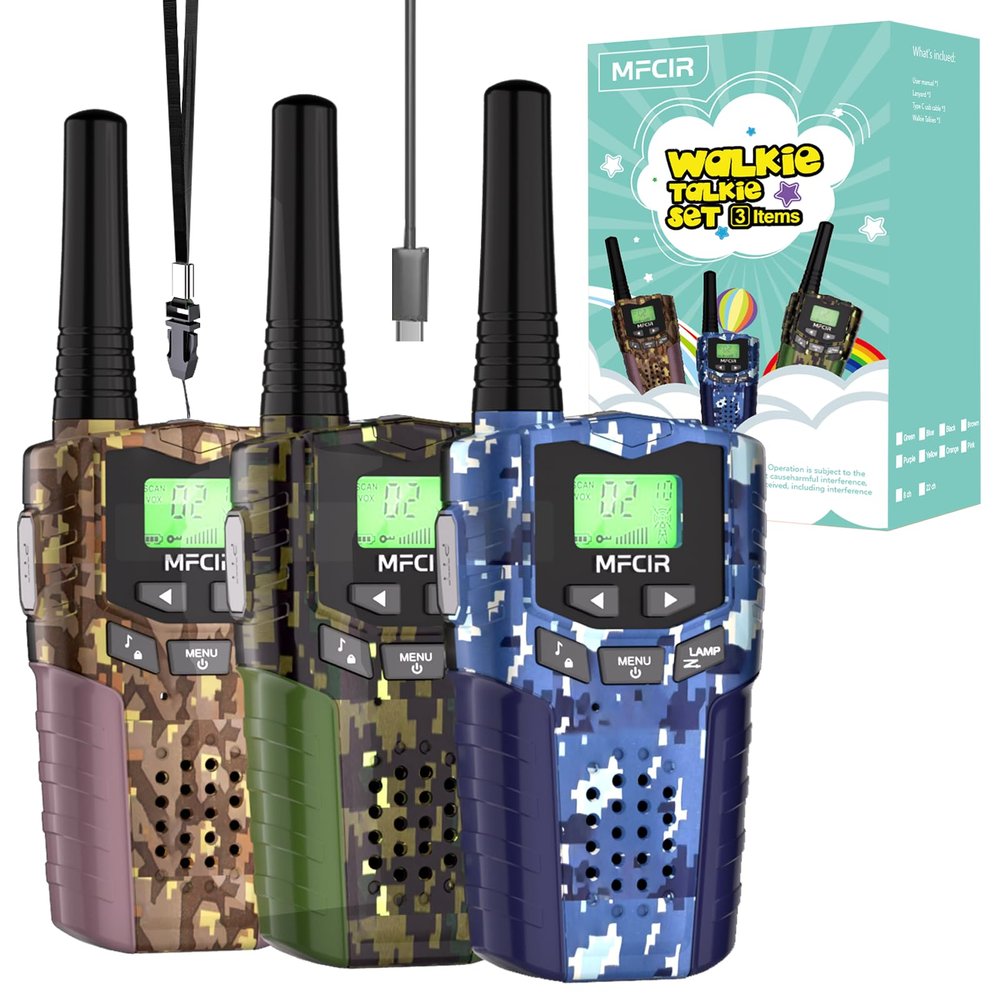 Rechargeable Kids Camouflage Walkie Talkies 3 Pack Long Range, 48H Work 7D Standby, LED Flashlight,Outdoor Camping Games Toys Gifts for 3-12 Year Old,Ideal Birthday for Boys & Girls