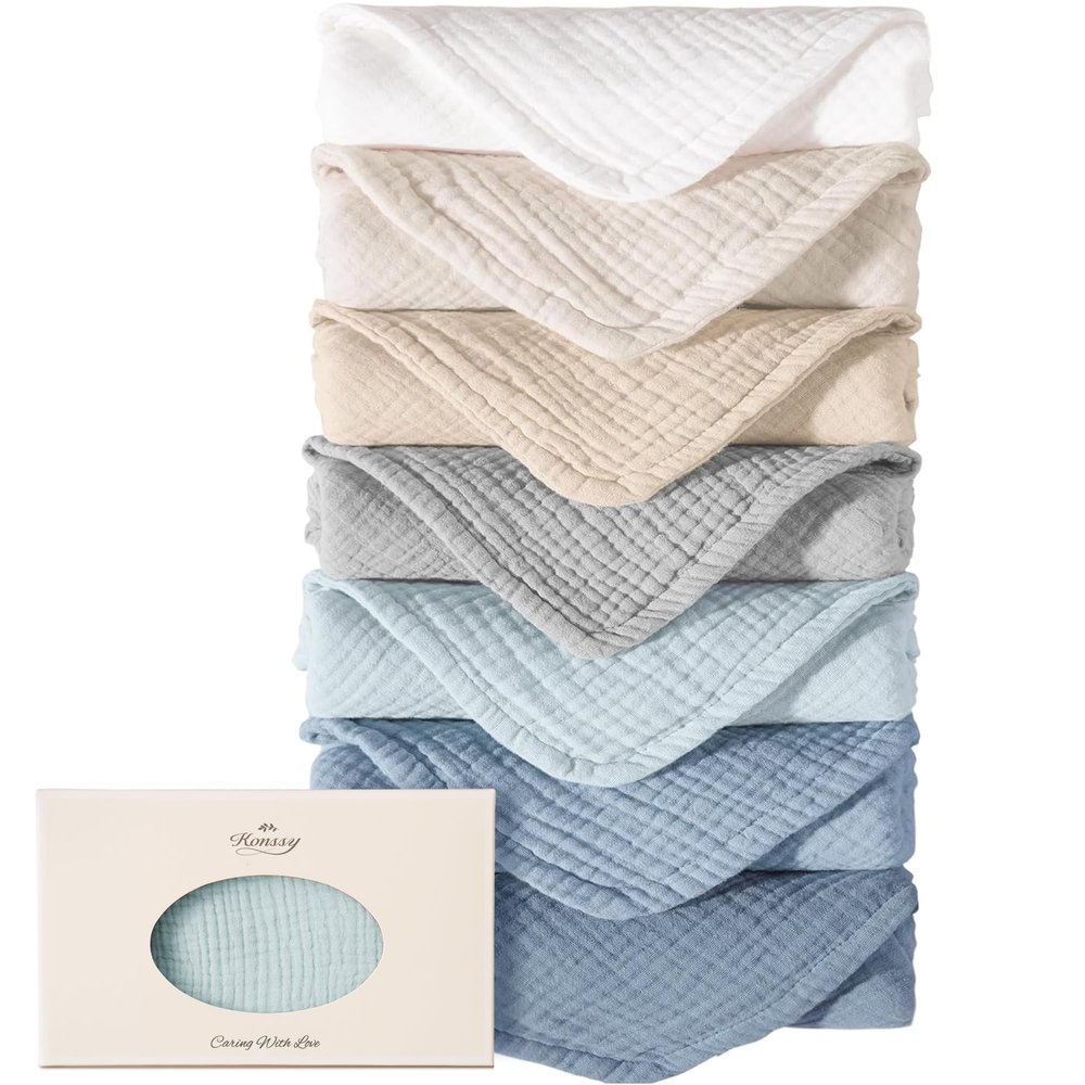 Konssy Muslin Baby Burp Cloths Sets for Unisex- 7 Pack Soft 100% Cotton Burping Clothes for NewbornBaby Girls and Boys