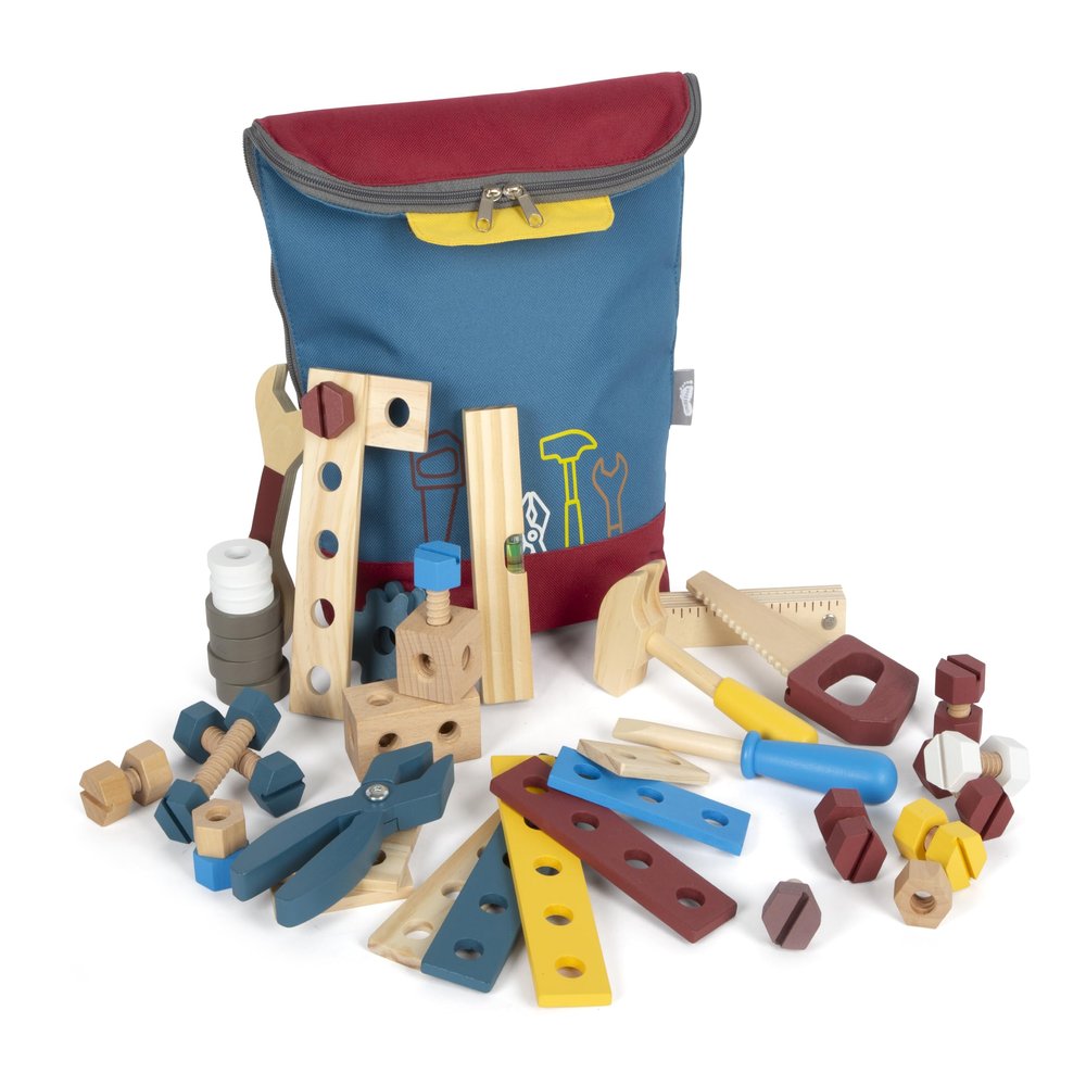Small Foot Workshop Backpack, Children, 8 Wooden Tools, from 3 Years 12603, Colourful Colour