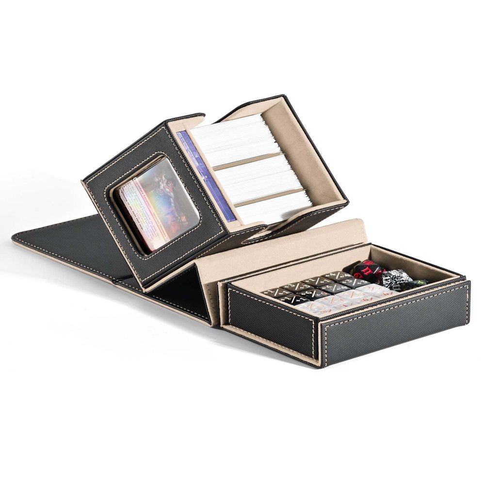 ZLCA MTG Commander Deck Box with Display Window, Deck Box Holds 100 Double-Sleeved with Dice Tray & 35pt Magnetic Card Holder(Black& Gold)