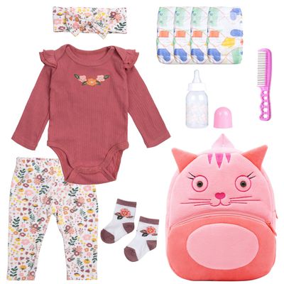 11Pcs Reborn Baby Doll Clothes 17-22 Inch Girl Floral Reborn Doll Clothes with Backpack Newborn Baby Outfits Diapers Bag & Fedding Bottle, Pretend Play Doll Accessories Set