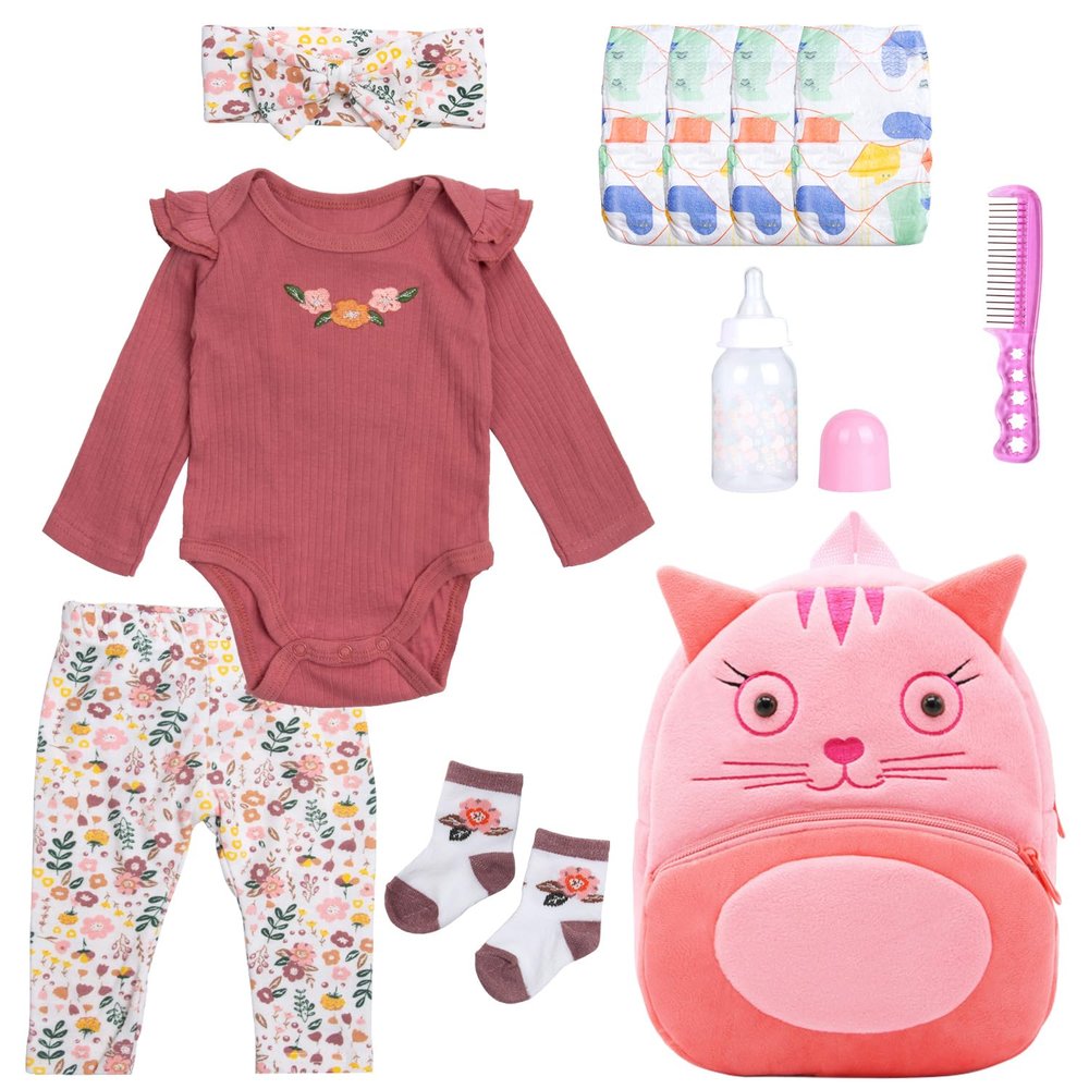 11Pcs Reborn Baby Doll Clothes 17-22 Inch Girl Floral Reborn Doll Clothes with Backpack Newborn Baby Outfits Diapers Bag & Fedding Bottle, Pretend Play Doll Accessories Set
