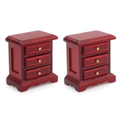 Dollhouse Bedside Table 2PCS Miniature Furniture 1:12 Scale Dollhouse Nightstand Set of 2 Bedroom Drawer Cabinets Model Accessories Mini House Scene Building Tabletop Decorations (Red)