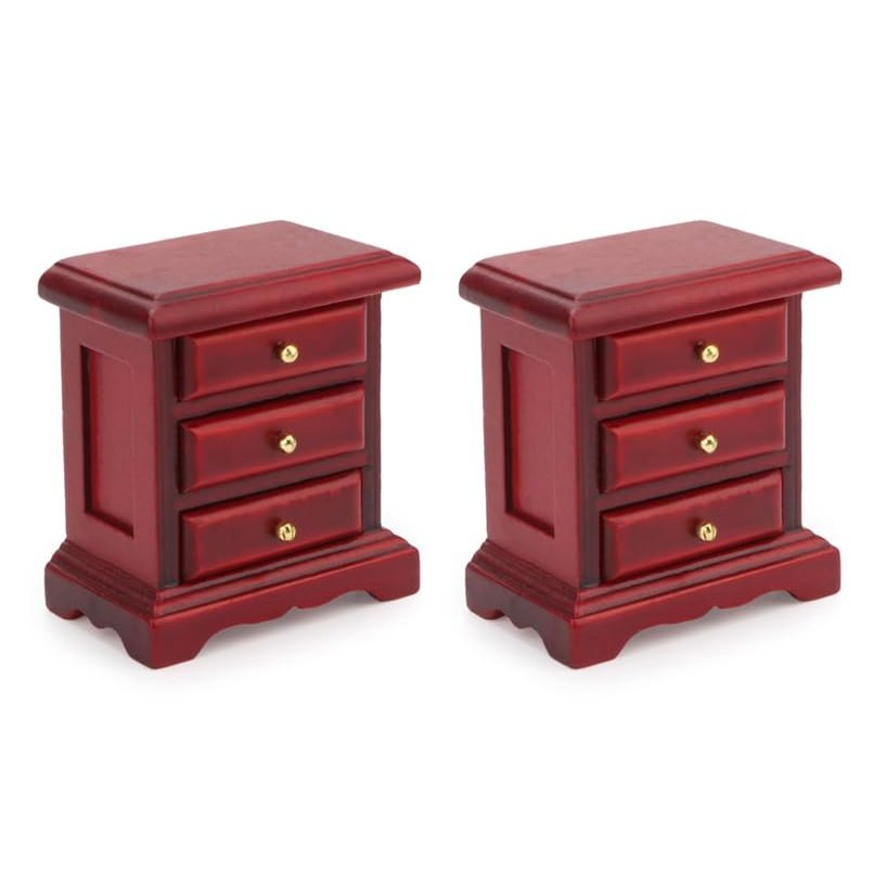 Dollhouse Bedside Table 2PCS Miniature Furniture 1:12 Scale Dollhouse Nightstand Set of 2 Bedroom Drawer Cabinets Model Accessories Mini House Scene Building Tabletop Decorations (Red)