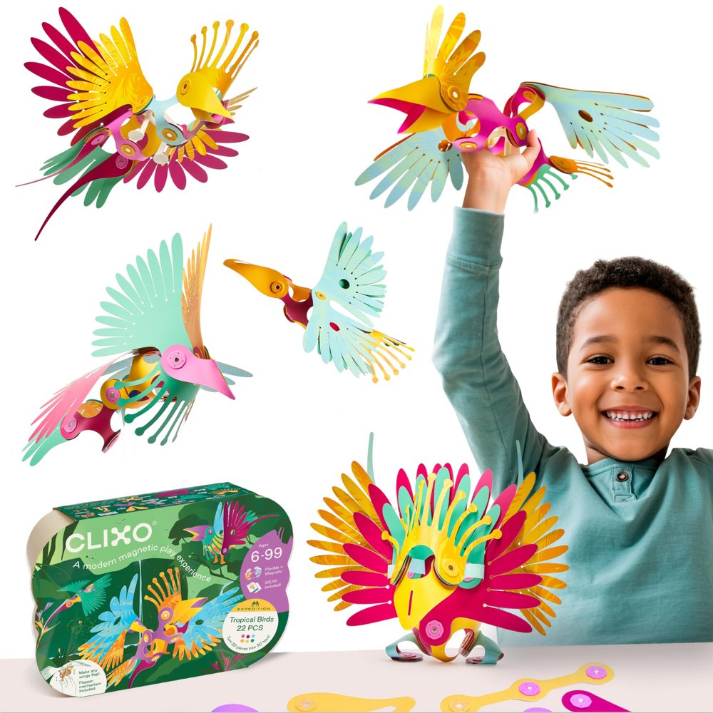 Clixo Tropical Birds Pack - Magnetic STEAM Building Toy Set with Custom Wing-Flapping Mechanism for Creative Play, Ages 6+