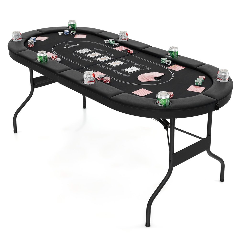 DORTALA Poker Table, 8 Player Foldable Blackjack Table with Cup Holders, Casino Grade Felt, Collapsible Legs, Oval Folding Texas Holdem Poker Table for Card Games, Black