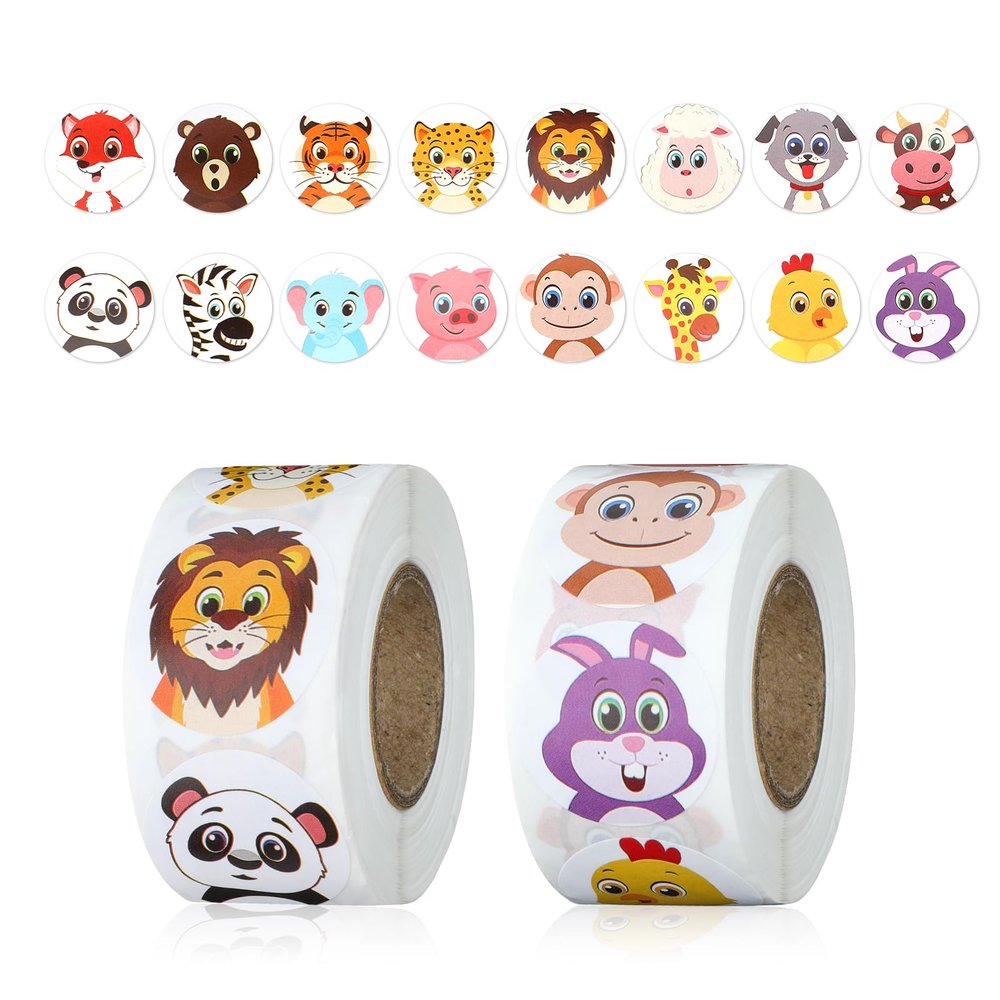 1000pcs Round Animal Stickers - 16 Design Cartoon Wild Roll for Teacher Reward, Classroom, Home, School, Envelope, Card Decoration
