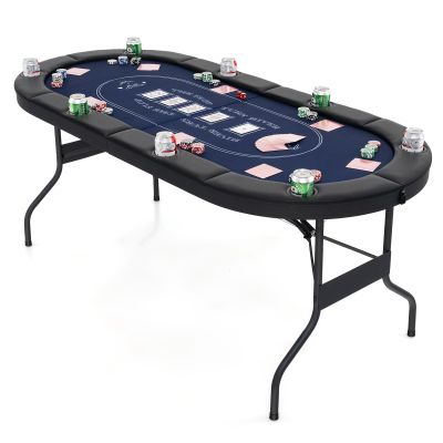 DORTALA Poker Table, 8 Player Foldable Blackjack Table with Cup Holders, Casino Grade Felt, Collapsible Legs, Oval Folding Texas Holdem Poker Table for Card Games, Blue