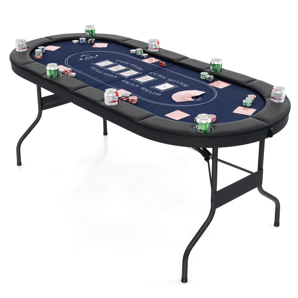 DORTALA Poker Table, 8 Player Foldable Blackjack Table with Cup Holders, Casino Grade Felt, Collapsible Legs, Oval Folding Texas Holdem Poker Table for Card Games, Blue