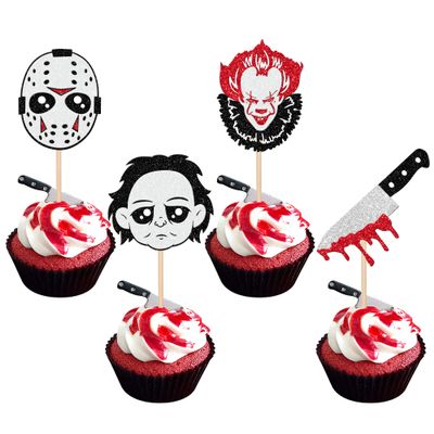 24 PCS Halloween Horror Movie Cupcake Toppers, Bloody Knife Picks, 'Have a Killer Cupcake' Decorations for Classic Movie Theme Birthday Party Cake Supplies